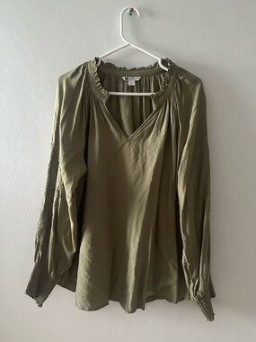 Rockmans Olive Green Boho Embroidered Long Sleeve Top
